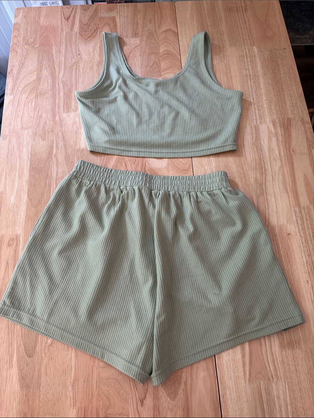 Ribbed Sage Green Cropped Tank & Elastic Waist Shorts Set